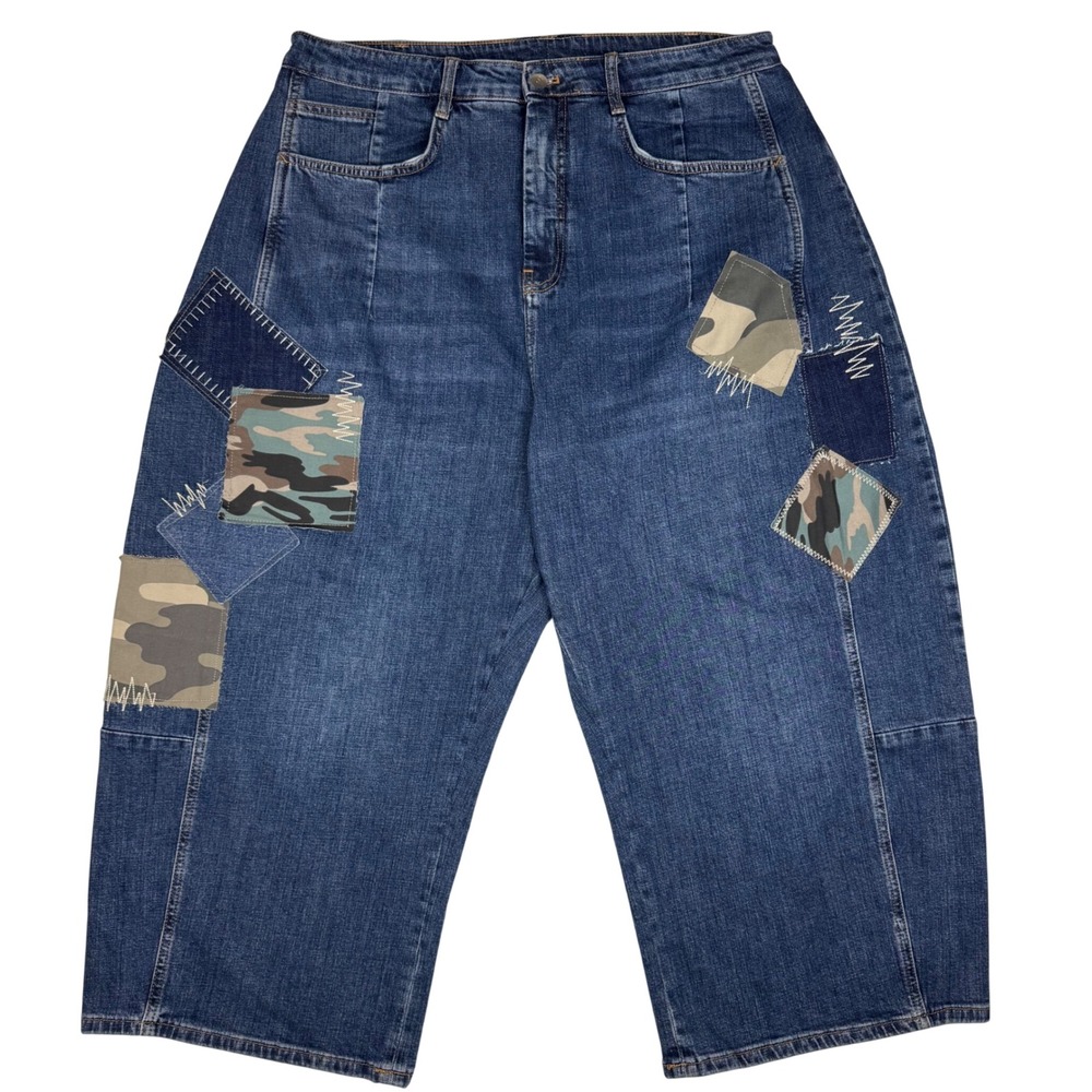 PILCRO Anthropologie Heritage Barrel Jeans Patchwork 36x24.5 Crop Altered Camo